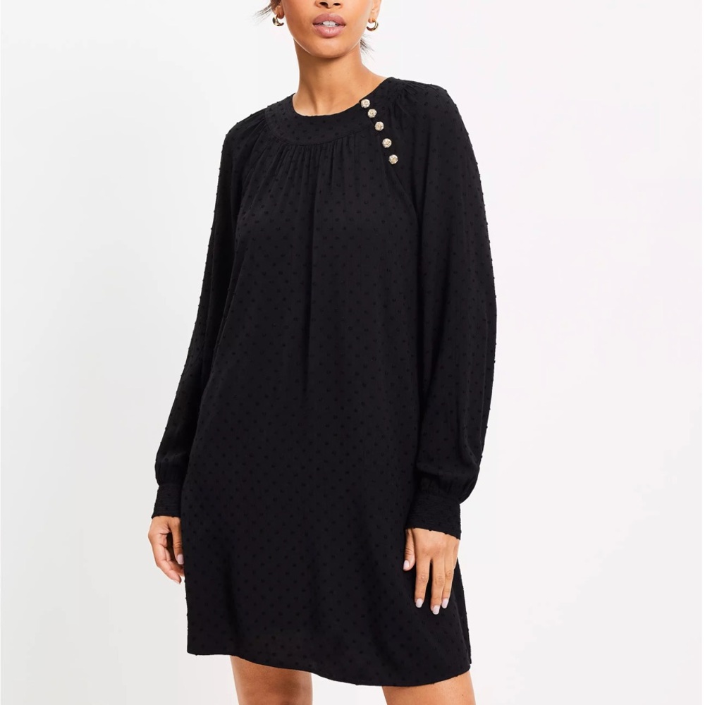 LOFT Black Long Sleeve Dress with Gold Button Accents and Swiss Dot Texture.